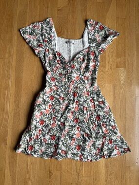 Abercrombie Flora Puff Sleeve Cotton Dress - White with Red & Green Floral Print